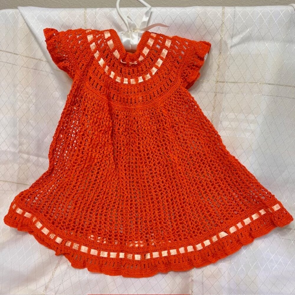 VTG Baby Girl Crochet Dress, Vintage Crochet Infant Dress Orange Baby Clothes - Picture 1 of 9